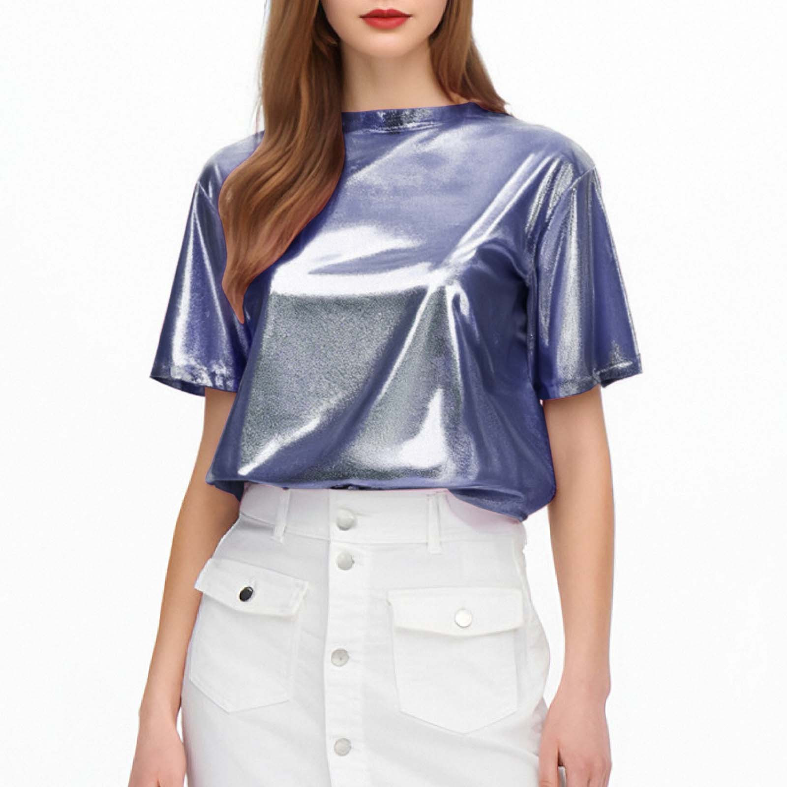 thumbnail image 2 of Top brillante de seda para mujer - Camiseta holgada con mangas cortas y purpurina, 2 of 8
